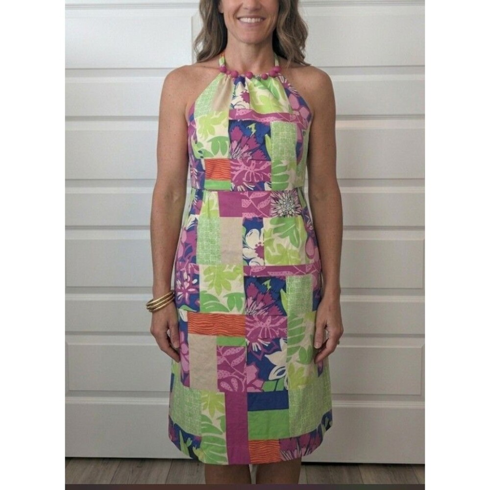 Lilly Pulitzer Size 14 Halter Dress Patchwork Print Pom Pom Trip Tropical